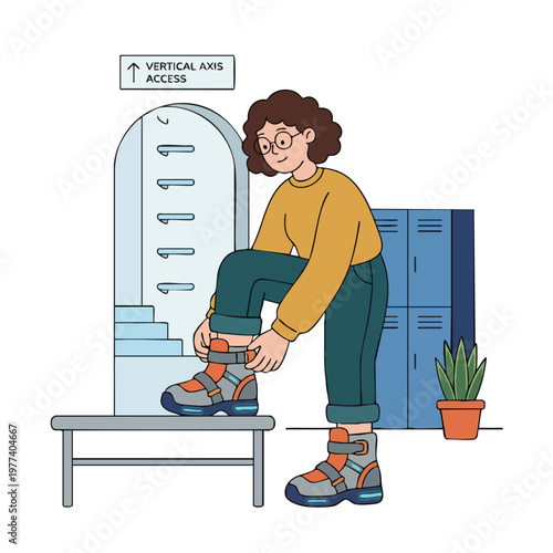 Person tying shoelaces on a bench in a locker room.