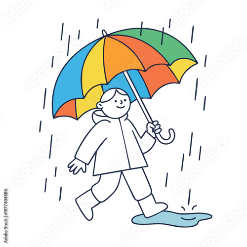 Person walking in the rain with a colorful umbrella.