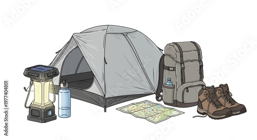 Outdoor Camping Gear Illustration with Tent Backpack Hiking Boots and Solar Lantern in Semi Realistic Style