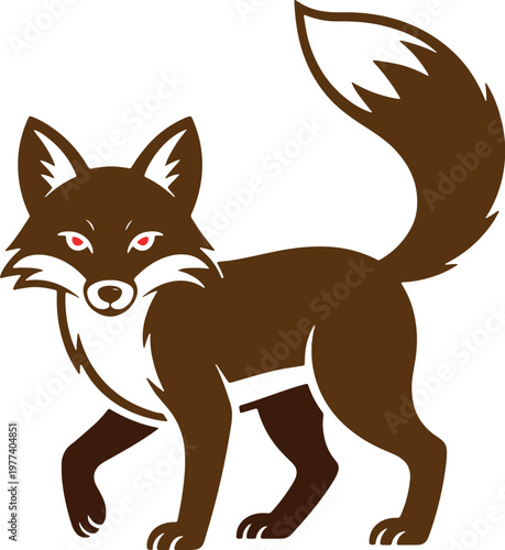 Stylized brown fox with red eyes walking on a white background animal wildlife