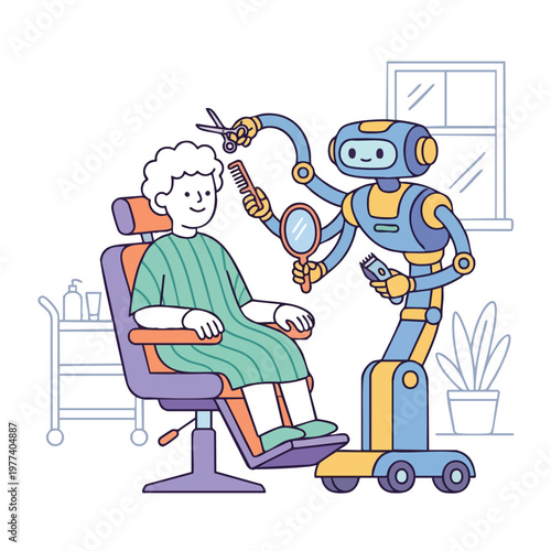 Robot haircutting person in salon with modern technology.