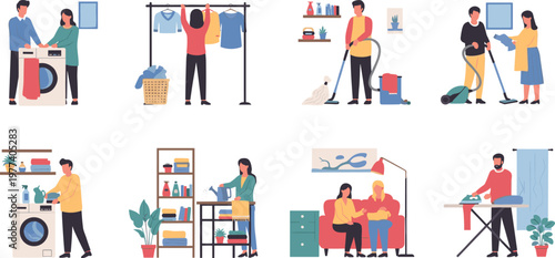 People Doing Household Chores And Laundry Vector Set Featuring Men And Women Washing Ironing Vacuuming And Organizing Clothes For Home Maintenance And Domestic Lifestyle Graphic Designs