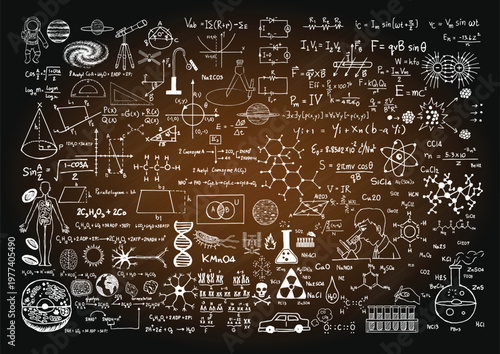 Fotografia Chalkboard with science and math formulas and diagrams