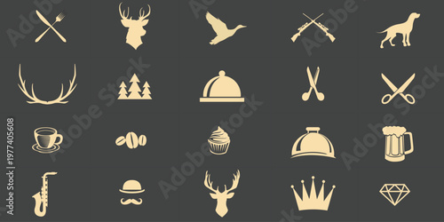 Collection of Beige Icons for Hunting and Leisure Keywords: icons, symbols, beige, hunting, deer