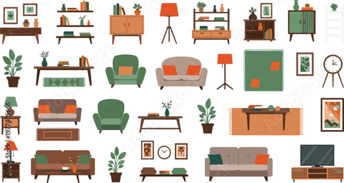Modern Home Furniture And Interior Decor Vector Set Featuring Comfortable Sofas Armchairs Bookshelves Coffee Tables Lamps And Rugs For Living Room Design And Real Estate Graphic Designs