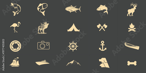 Collection of Beige Icons for Outdoor Activities Keywords: icons, symbols, beige, fishing