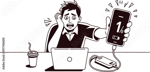 Stressed Businessman Experiencing Low Battery Anxiety While Working Remotely to Highlight Mobile Energy Management Problems and Portable Power Bank Charging Solutions