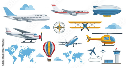 Collection of various aircraft and travel elements.