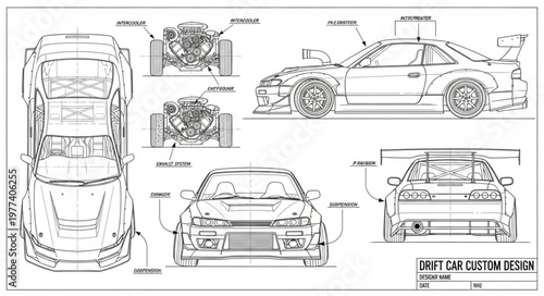 Detailed blueprint of a custom drift car design.