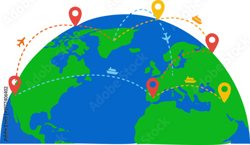 Global travel routes connecting different continents and cities around the world
