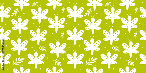 Butterfly silhouette seamless pattern green insects background