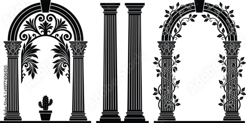 Classic Greek and Roman Architectural Elements Silhouette Set Featuring Decorative Arches With Floral Vines Corinthian Columns And A Potted Cactus For Design Projects