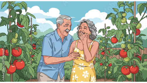 Happy Senior Couple Laughing in Home Garden with Ripe Tomatoes | Lifestyle Stock Image