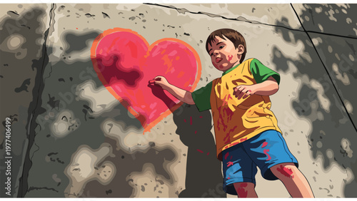 Child Paints Heart on Wall, Symbol of Love, Hope, and Community Art