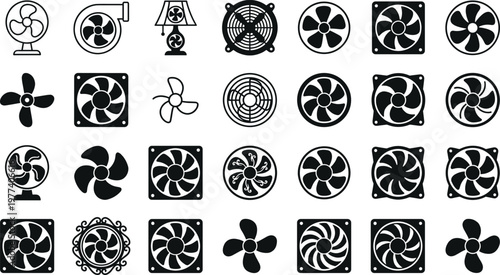 Black silhouette collection of industrial electric and computer cooling fans ventilation icons and propeller blades isolated on white background for technology and hardware design