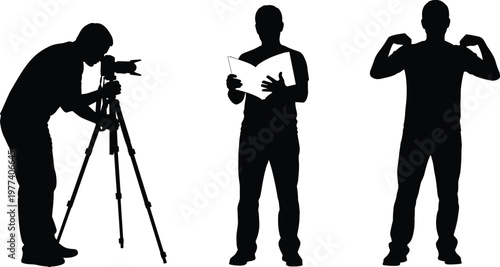 Black silhouette collection of a professional photographer with camera on tripod, a man reading a book, and a person showing muscles on white background.