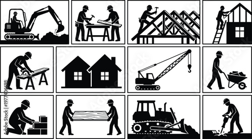 Black construction worker silhouettes set with heavy machinery excavator crane and building house icons isolated on white background for industrial engineering and architectural design