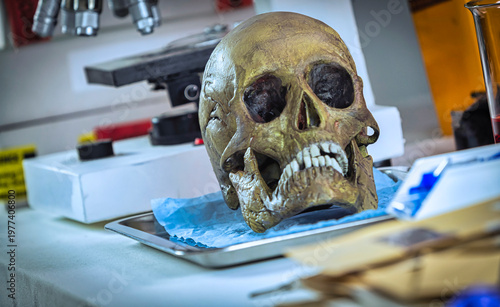 Skull of adult human next to an evidence bag in forensic laboratory, conceptual image.