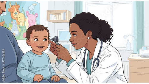 Pediatrician Examining Child's Ear in Clinic, Healthcare Visit, Medical Checkup