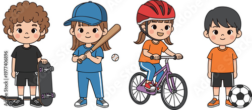 Happy Little Children Sports Vector Set Featuring Kids Playing Soccer Baseball Riding Bicycle And Skateboarding For Active Childhood Healthy Lifestyle And Fitness Graphic Designs