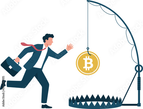 Businessman running towards bitcoin bait trap illustration