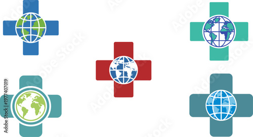 Set of global health and medical crosses with earth globes icon variations