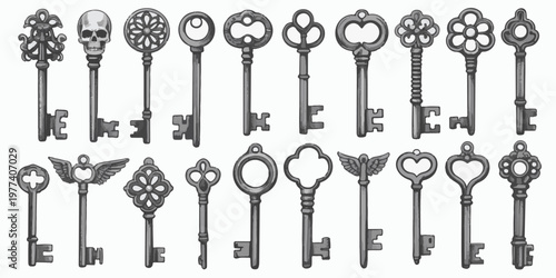 Collection of ornate antique skeleton keys with decorative tops