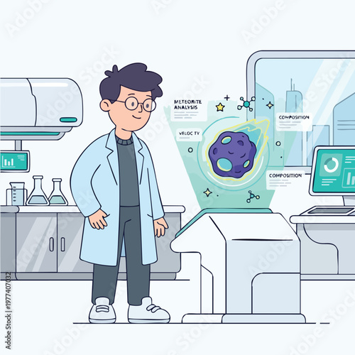 Scientist analyzing asteroid hologram in futuristic laboratory.