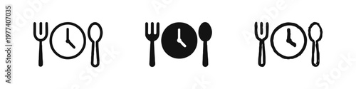 Meal Time Clock with Fork and Spoon Icon Set in Outline Solid and Hand Drawn Doodle Styles