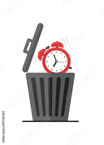 Alarm Clock Being Thrown Into a Trash Can Concept Stock Illustration.
