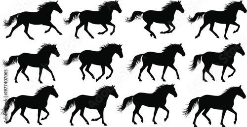 Running horse silhouette collection featuring dynamic galloping poses, wild mustang shapes, equine motion study, black vector illustration set isolated on white background
