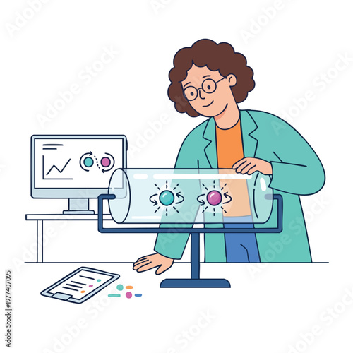 Scientist demonstrating atomic particle experiment in laboratory.