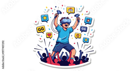 Excited gamer in VR headset celebrating with crowd