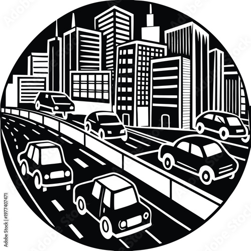 City traffic, urban landscape, black and white illustration, vector cityscape, road transport