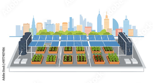Sustainable urban rooftop garden with solar panels and cityscape