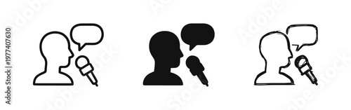 Interview Podcast Microphone Icon Set, Public Speaking Symbol, Outline Solid and Hand Drawn Style