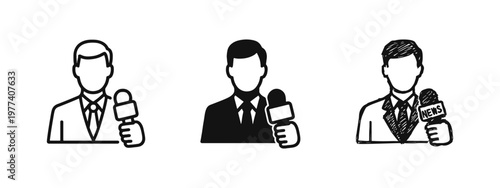 News Reporter Anchor with Microphone Icon Set, Journalism Symbol, Outline Solid and Hand Drawn Style