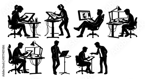 Digital artist silhouette set, creative professionals working on graphic tablets and displays, 7 vector illustrations of illustrators and designers