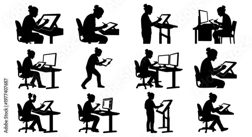 Graphic designer silhouette set, digital artist working on drawing tablet and computer, creative professional illustrator icons, vector collection