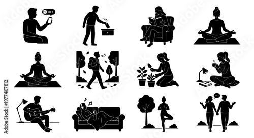 Minimalist lifestyle silhouette icons, set of 12 vector people doing hobbies, wellness and daily routine activities, black flat human figures