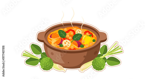 delicious vegetable stew in a brown pot with herbs