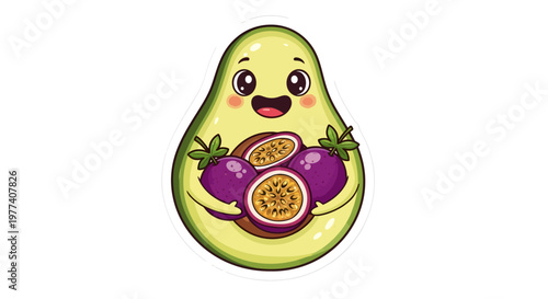 Cartoon avocado character holding passion fruit smiling