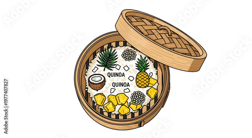 Pineapple and coconut dim sum steamer basket illustration