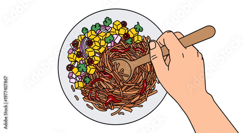 Hand holding chopsticks with colorful noodle dish