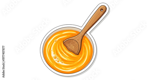 Cartoon orange sauce in bowl with wooden spoon
