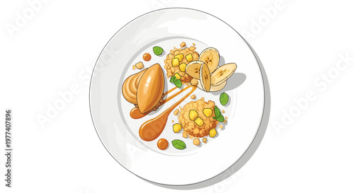 Delicious plate of food with sauce and vegetables illustration