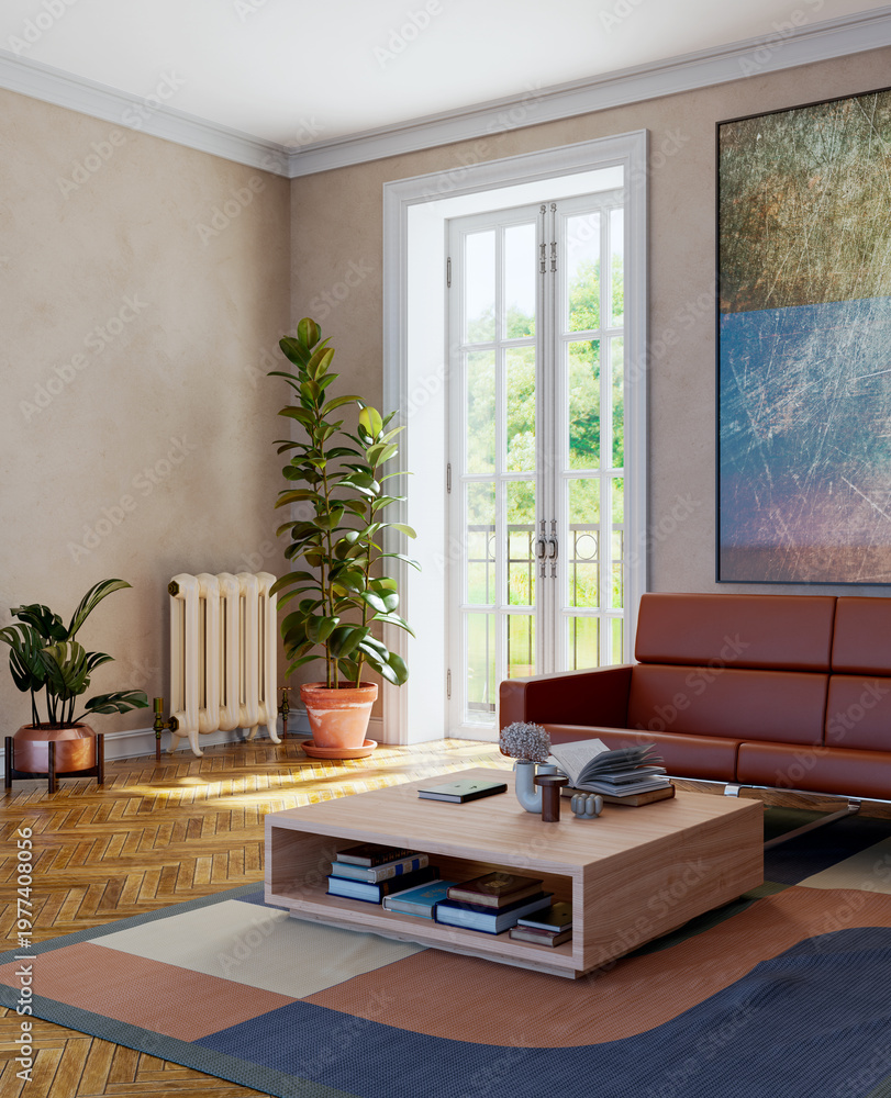 Naklejka premium Large illustration 3D rendering Fan Ventilation luxury modern bright interiors Living room mockup with Couch