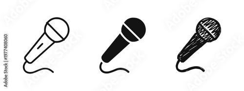 Dynamic microphone icon set in outline, solid, and hand-drawn doodle styles for audio, podcast, and music themes