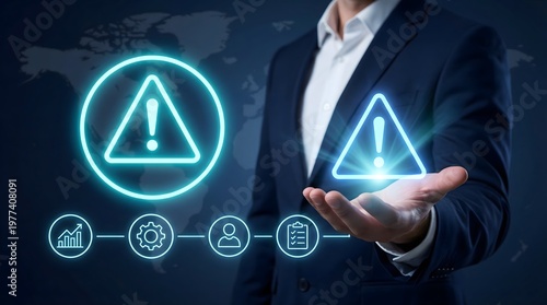 Business professional holding a glowing warning alert icon with digital interface, identifying risks and monitoring security issues in a modern data-driven technology environment.