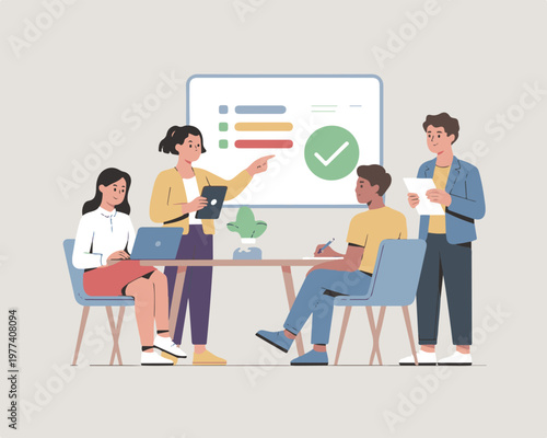 Young man working on a laptop computer in flat vector illustration style.